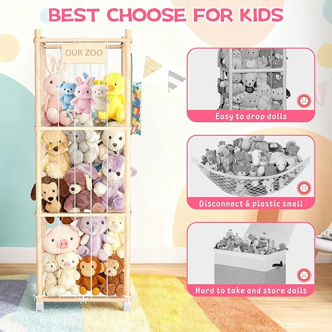 DUOQNY Large Toy Storage Organizer, 54-Inch Wooden Stuffed Animal Cage with Bag & DIY Plaque - Holds Plush Toys, Small Objects for Kids Bedroom, Nursery, Playroom - Gift for Children