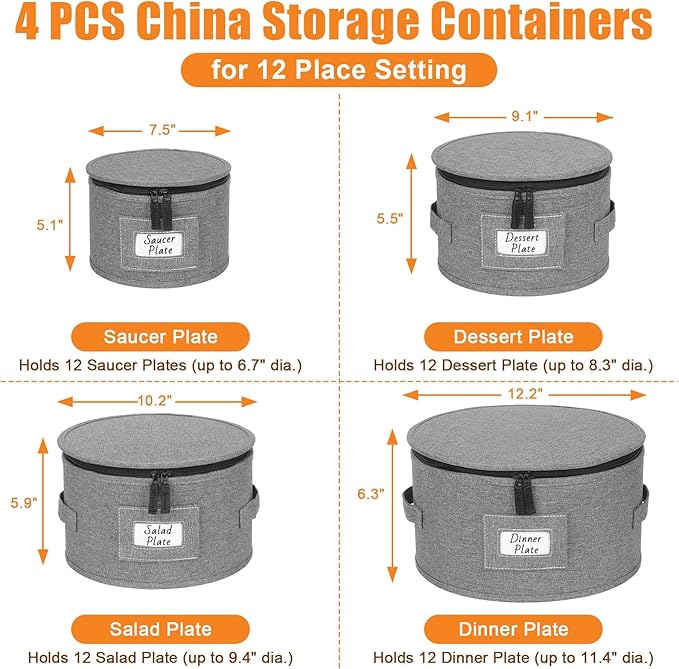 Kukikan China Storage Containers, 4PCS Hard Shell Dish Storage Containers with Felt Dividers for Charger Plates Dinnerware, Moving Boxes for Dishes, Stackable Plate Storage Cases for 12 Place Setting