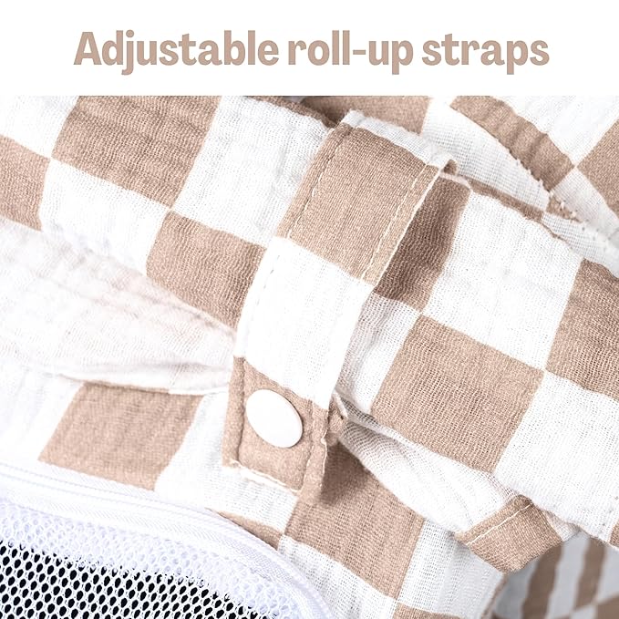 Summer Muslin Car Seat Cover for Baby – Breathable & Privacy Canopy with Large Mesh Window,3 Adjustable Modes,Easy Install Universal Fit for Infant Car Seats (Khaki Checkered)