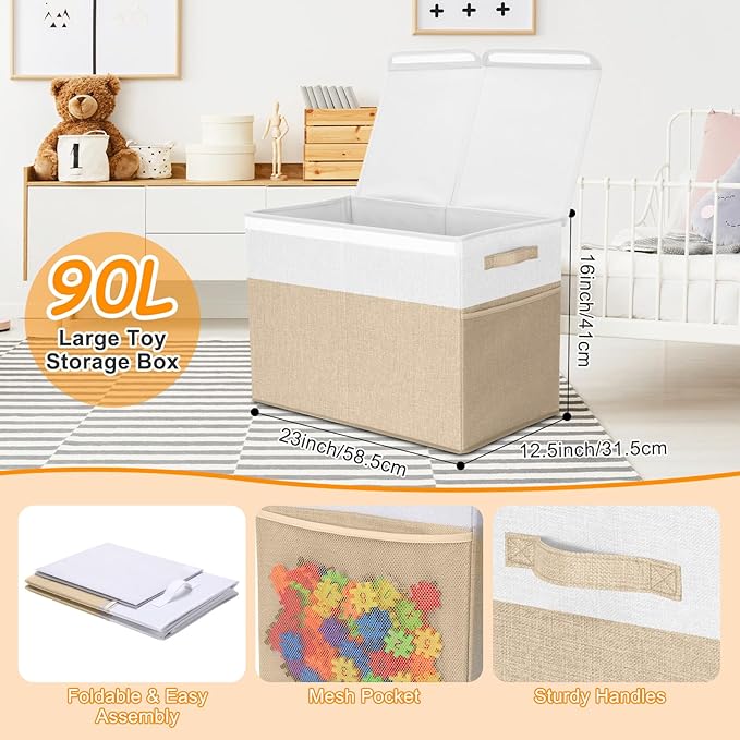 Fiwochic 3 Pack 23" Large Toy Storage Box with 11" Cubes Bins, Collapsible Toy Organizer Chest with Lids for Kids Nursery Playroom Bedroom Living Room Christmas Ornament Storage Box(Beige White)