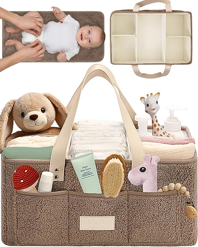 Toodly Baby Diaper Caddy Organizer with Portable Changing Mat - Teddy Fleece Diaper Organizer for Changing Table - Basket for Changing Essentials - Baby Essentials Organizer with Removable Dividers