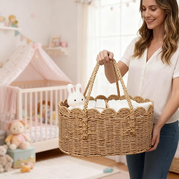 Diaper Caddy Organizer, Paper Rope Storage Baskets Nursery Bin with Removable Divider, Portable Car Organizer for Diapers, Baby Shower Gifts, Newborn Essentials Must Haves