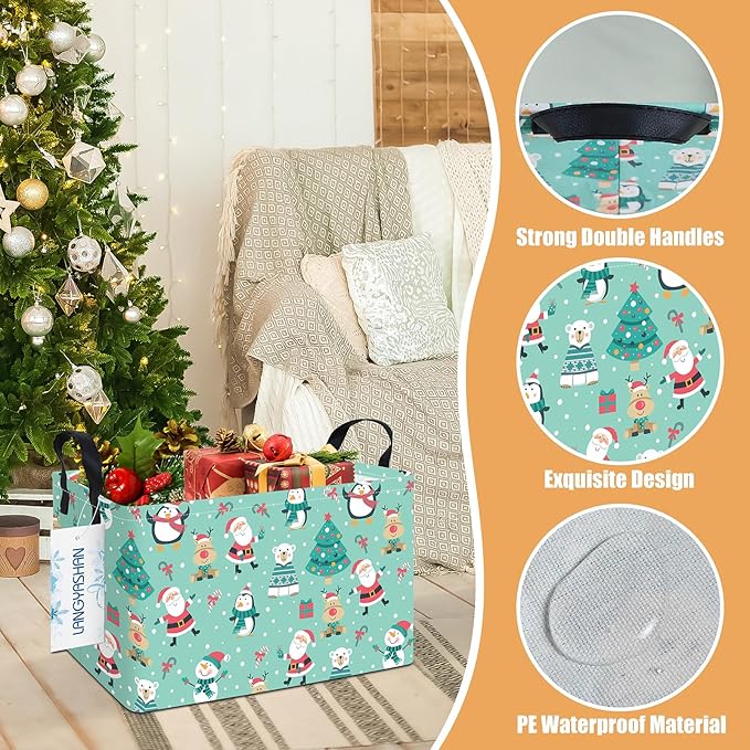 LANGYASHAN Rectangular Christmas Santa Claus Storage Basket with Handles for Organizing Home Kitchen Boys and Girls Toys Office Closet Shelf Baskets (Rec Penguin Santa Claus)