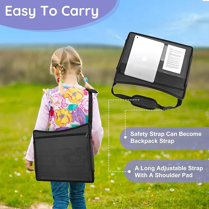 Kids Travel Tray, 2Pcs Kids Travel Trays for Car Seat, Road Trip Essentials for Toddler, Carseat Lap Tray with Dry Erase Board & Storage Organizer for Road Trip Activities for Kid, Black