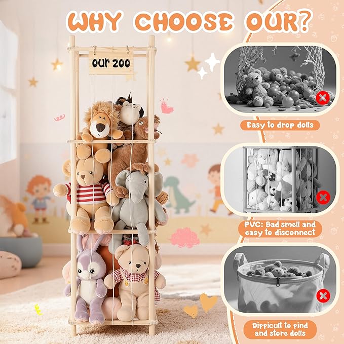 LAMU Stuffed Animal Storage, Wooden Zoo Stuffed Animal Holder with Elastic Cords, Space Save Toy Organizer, Extra Large Capacity Stuffed Animal Organizer for Playroom, Bedroom, Nursery