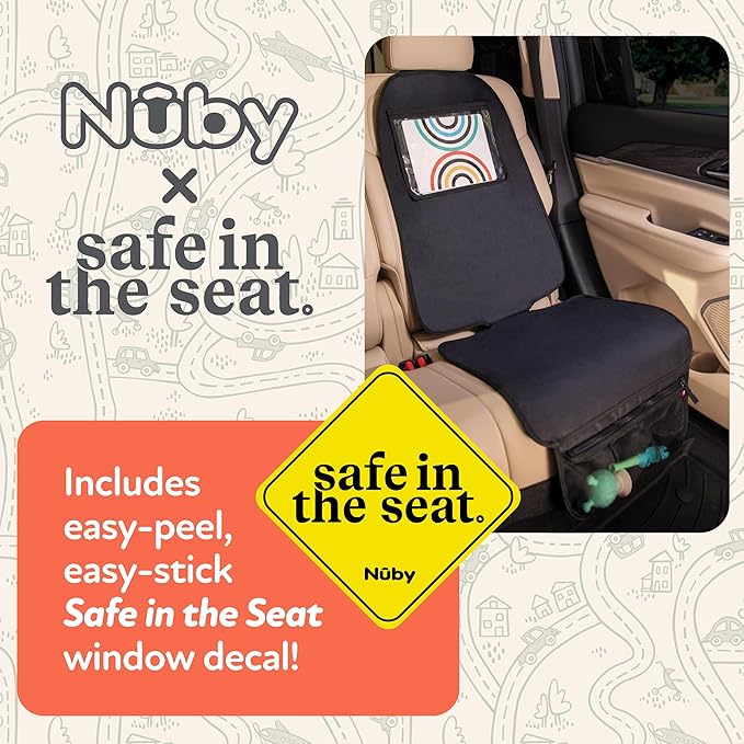 Nuby x Safe In The Seat Car Seat Protector - Compatible with Rear & Forward Facing Car Seats - Visual Learning Pocket, Mesh Storage & Adjustable Strap