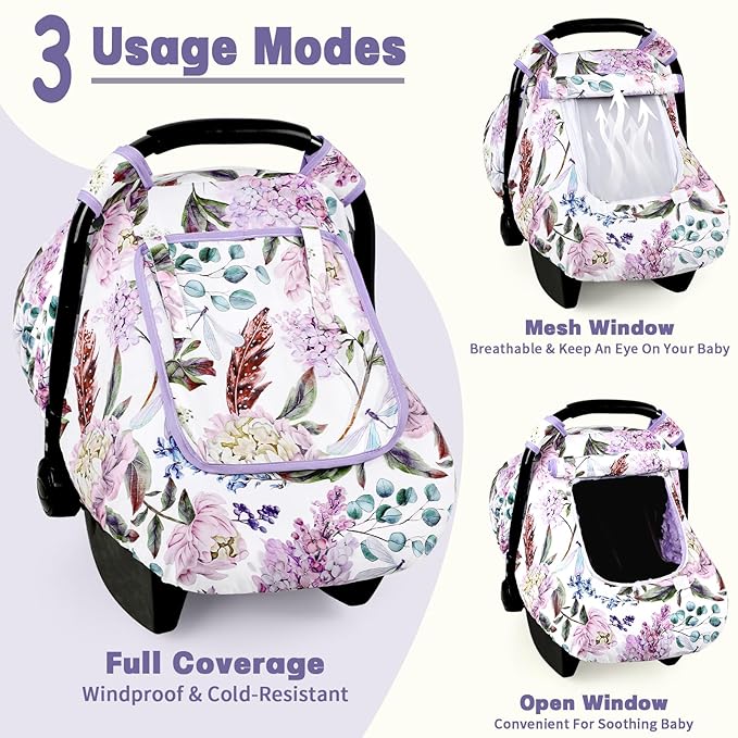 Car Seat Cover Baby, HNHUAMING Infant Car Seat Covers Canopy for Baby Girl Boy, Cozy & Windproof Newborn Carseat Covers Minky Dot Backing Stroller Cover with Breathable Mesh Window, Purple Floral