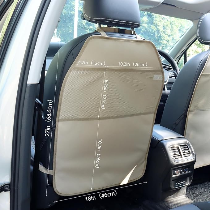 Viaviat Car Seat Protector Large Kick Mat 2 Pack Durable Water Resistant Auto Seat Back Covers with 2 Mesh Pockets Protection Against Dust Mud Scratches (Beige-A, 2-Pack)