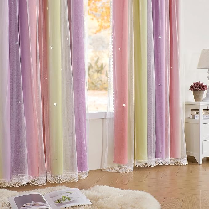 XiDi Pink Curtains for Bedroom Decor Blackout Curtains for Girl Room Rainbow Curtains for Kids Room Unicorn Wall Decals Purple Curtains Yellow 52X63 Inch Long 1 Panel