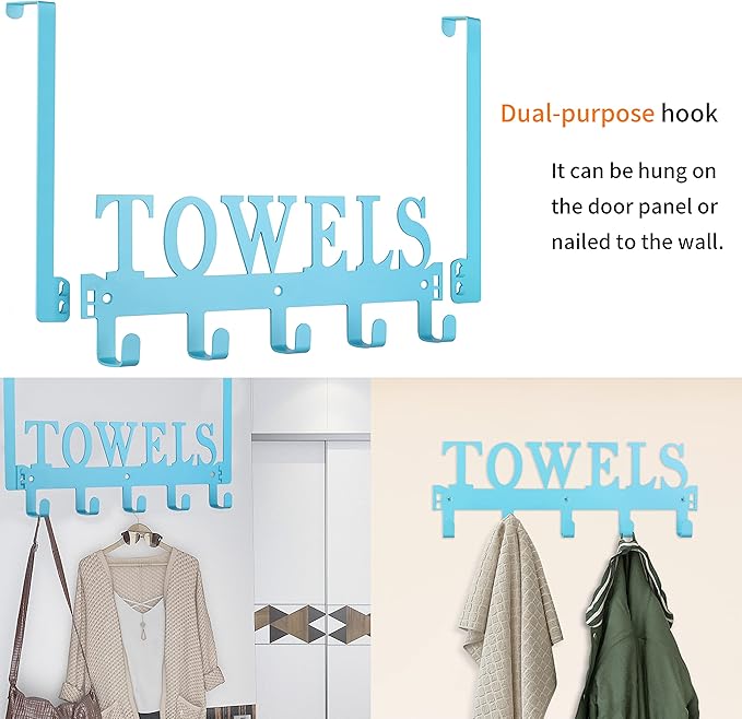 Kuhome Over The Door Towel Holder - Hooks & Rack for Bathroom, Robe & Beach Towels (Blue)