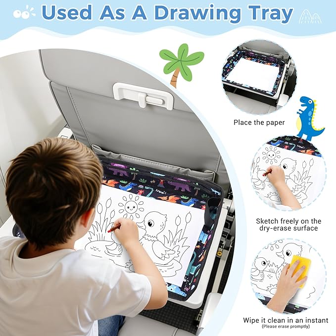 COOLBEBE Airplane Tray Table Cover, Foldable Travel Tray Cover for Toddlers 1-3, Universal Fit for Airplane, Car Seat, High Chair, Machine Washable, Portable, Black Dinosaur