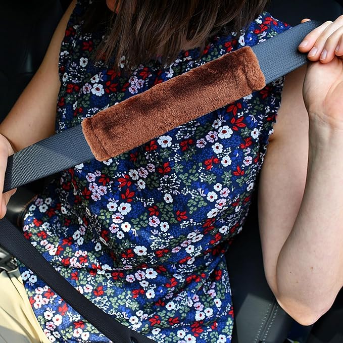 MOONET 2 Packs Car Seatbelt Covers Shoulder Pad for More Comfortable Driving, Universal Seat Belt Cover for Handbag Camera Backpack Straps, Soft Faux Sheepskin Wool Seat Belt Cushion (Brown)