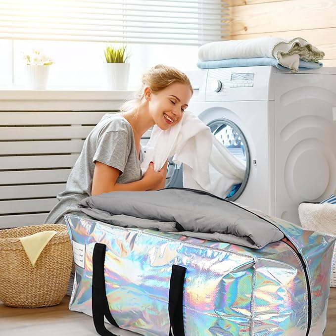 8 Pack Extra Heavy Duty Large Moving Bags with Comfortable Handle & Strong Zipper,Storage Totes for Space Saving Moving Storage College Supplies Alternative to Moving Box,Iridescent