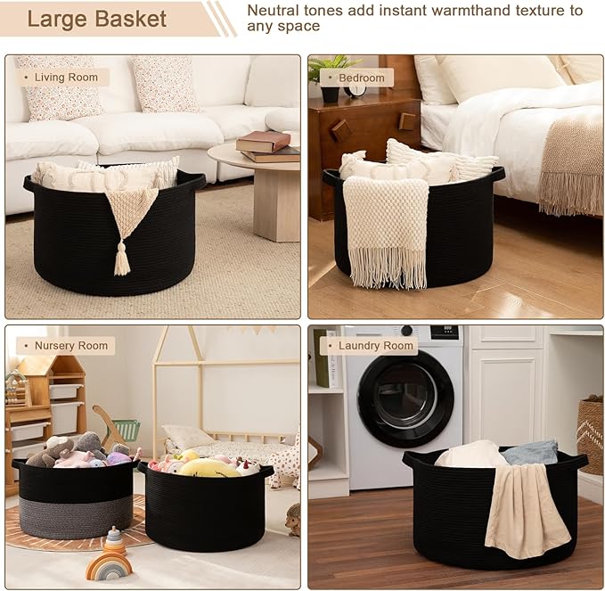 OIAHOMY 115L Extra Large Blanket Basket for Living Room, 23.6" x 15.4" Woven Cotton Rope Laundry Basket for Organizing Pillows, Decorative Stuffed Animal Toy Storage for Nursery, Black