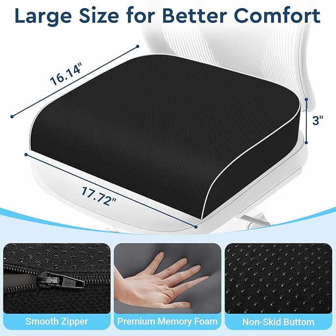 SofterCharm Seat Cushion, Memory Foam Office Chair Cushions for Long Sitting Hours, Chair Pad for Sciatica, Coccyx, Tailbone, Hip Pain & Pressure Relief, Office, Home, Car Seats, Airplane, Black/Large