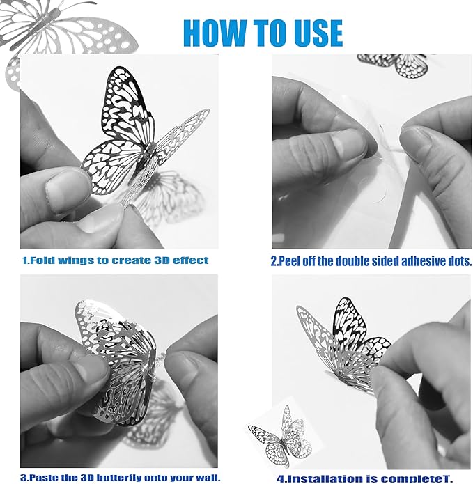 JOSDIOX 3D Silvery Butterfly Wall Stickers - 48 Pcs with 4 Styles & 3 Sizes, Removable Decor for Party Birthday Wedding Cake Balloon Decoration(48 Silvery)