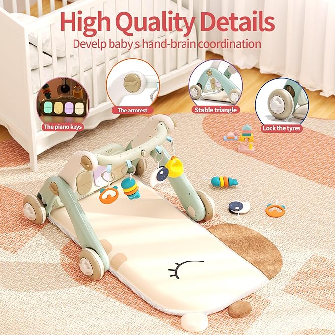 Jovow 2 in 1 Baby Gym with Walker,Baby Play Mat with 4 Infant Learning Sensory,Double-Sided Multifunctional Removable Play Piano Panel,Sit-to-Stand Learning Walker for 0-24 Months Boy Girl [White]