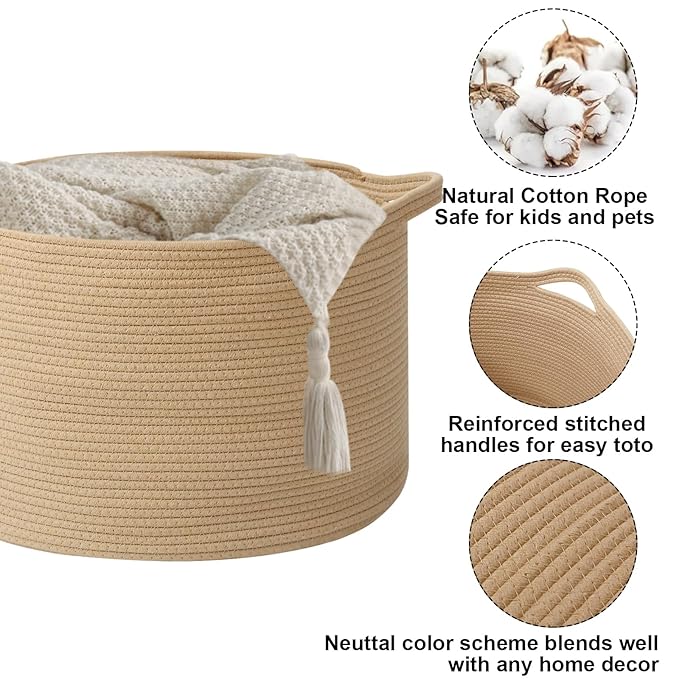 Large Storage Basket with Handle,23.6" x 23.6" x 15.7" Blanket Basket Storage Bins for Organizing,115L Cotton Rope Woven Baskets for Living Room, Nursery,Bedroom,Camel