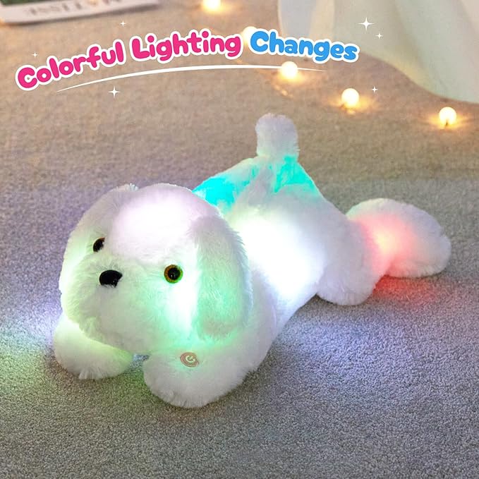 WEWILL 18'' Light up White Puppy Dog LED Stuffed Animal with Colorful Night Light Glow Soft Plush Toy Gifts for Kids on Christmas Birthday