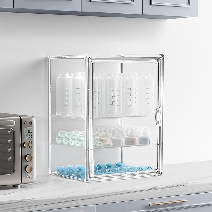 HBlife Baby Bottle Storage Organizer for Countertop Cabinet, 3 Tiers Adjustable Clear Acrylic Bottles Storage Station Case Box Container with 2 Removable Dividers and Magnetic Door, X-Large