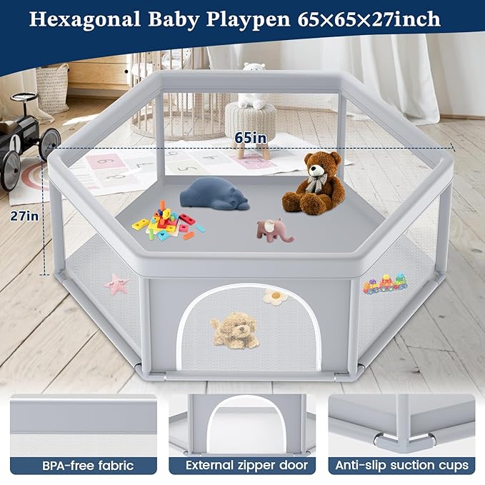 65×65 Inch Hexagonal Baby Playpen, Playpen for Babies and Toddlers, Baby Play Pen Pin Indoor Outdoor Play Fence