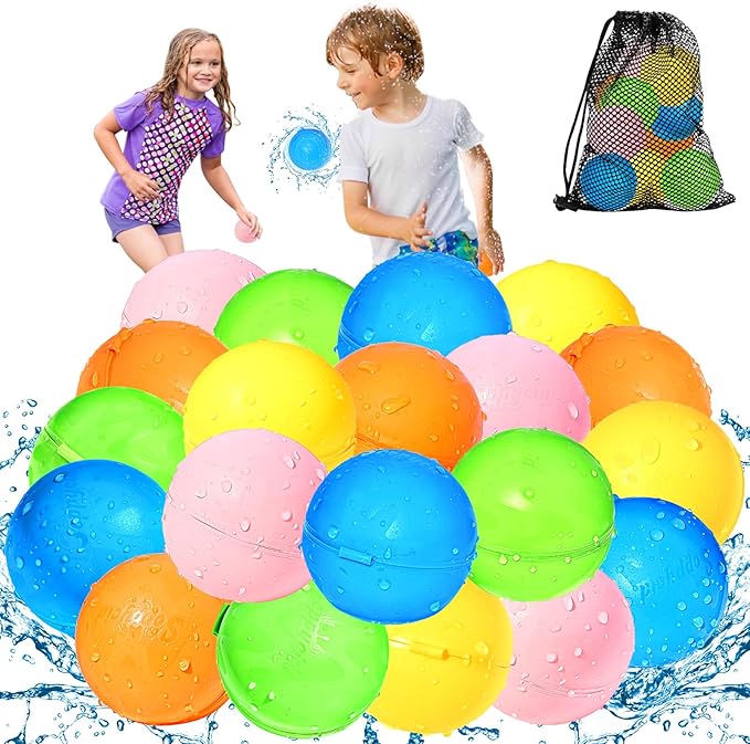 SOPPYCID 20 Pcs Reusable Water Balloons, Self Sealing, Refillable Water Bomb Splash Balls, Pool Beach Water Toys for Kids Ages 3-12, Kids Toys for Summer Fun Outdoor Activities Water Party Favors