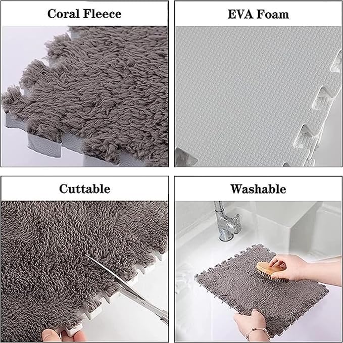 12pcs Plush Puzzle Foam Floor Mat, Cute Soft Fluffy Interlocking Square Foam Tiles Area Rugs Carpet for Parlor Bedroom Decoration(11.8x11.8x0.4in, Pink&White)