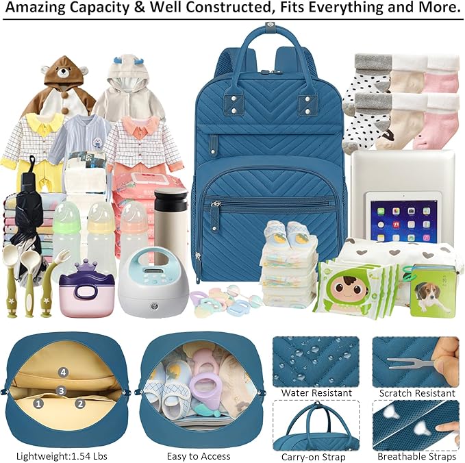 Baby Diaper Bag Backpack Tote for Women Large Capacity with Insulated Pockets Multifunctional Waterproof Diaper Bags For Baby Girl Boy Mama Maternity Travel Bag Peacock Blue