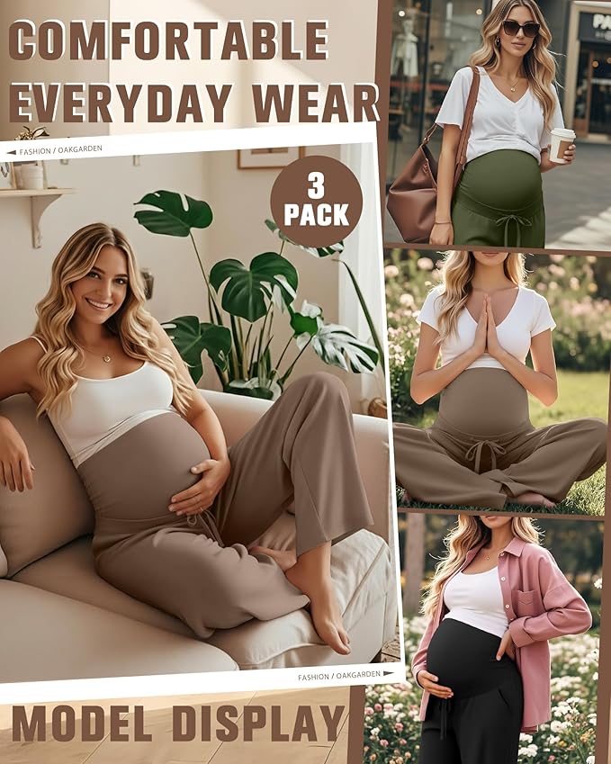 3 Pcs Maternity Sweatpants Over The Belly Pregnancy Straight Wide Leg Elastic Drawstring Pants Joggers with Pockets