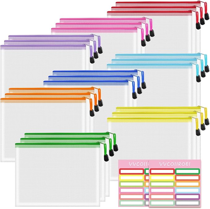 VVCOIIROEI 24pcs Mesh Zipper Pouch Bags Small, A5 9.4x7.1 Inches, 8 Colors Zipper Pouches for Classroom, Organizing Bags for Home, Office and Puzzle storage