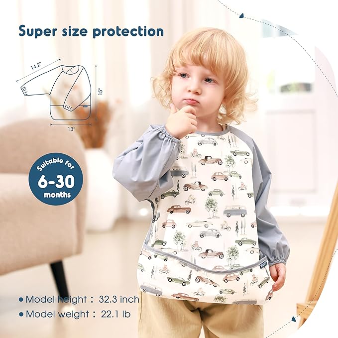 GRSSDER 2 Pack Long Sleeve Baby Feeding Bibs, Soft Waterproof Coverall Baby Led Weaning Bib with Large Food Catcher Pocket