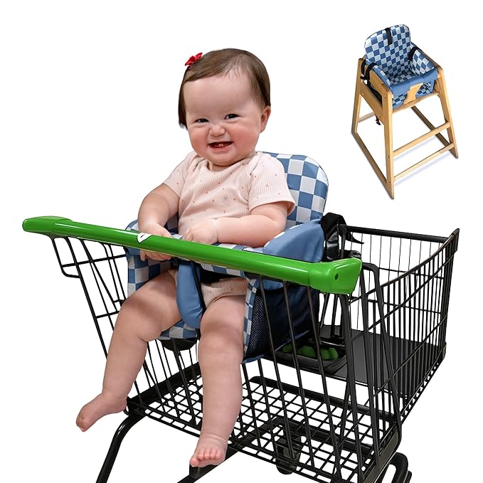 Shopping Cart Seat Cover for Baby, High Chair & Grocery Seat Protector, Padded Chair Covers for Restaurant Seats, Unisex Machine Washable Grocery Cart Liner & Swing Insert – Blue Checkered