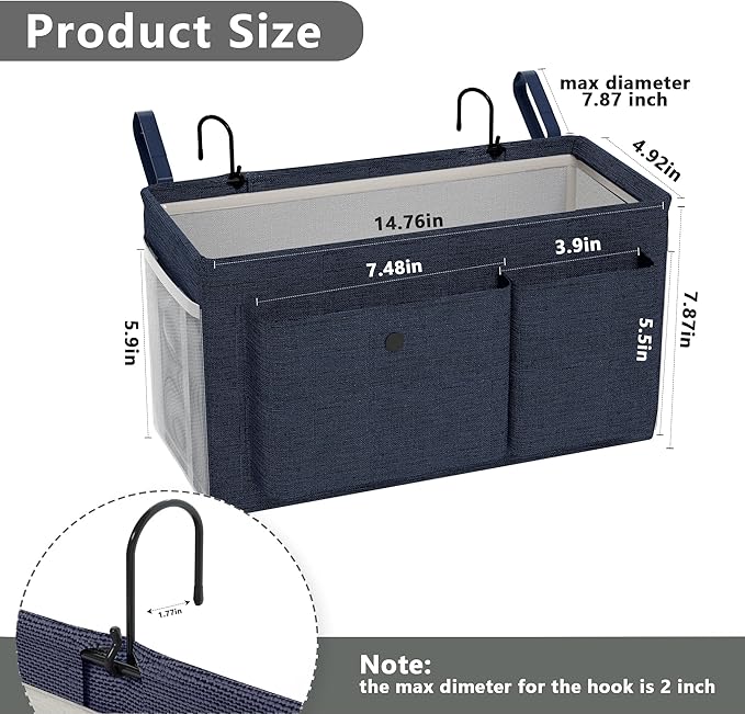 Edudif Bedside Caddy Bedside Organizer with Fixed Straps & Water Bottle Holder, Bunk Bed Caddy ideal for Home, Dorm, Hospital, Crib, Versatile Bedside Storage Solution (Navy 2pcs)