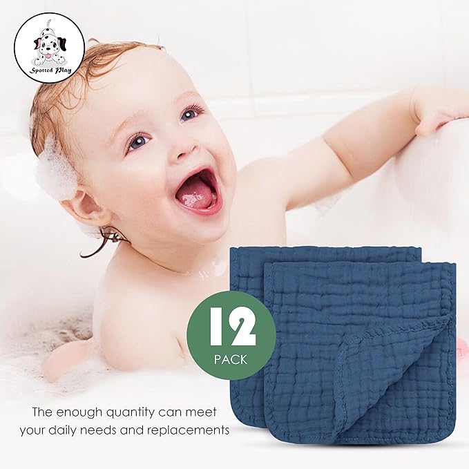 Spotted Play Muslin Burp Cloths 100% Cotton Large 20''x10'' Extra Soft and Absorbent Baby Wash Cloths Spit Up Rags - Baby Burping Cloth for Boys Girls Items(12 Pack Navy Blue)