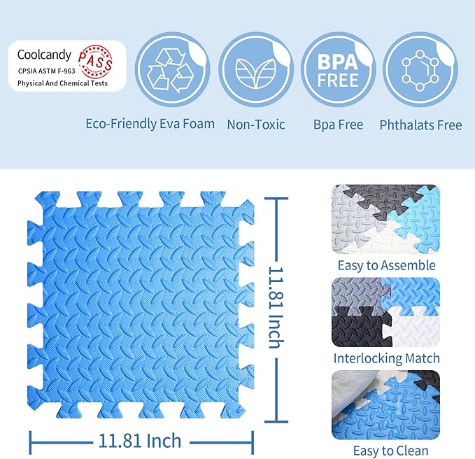 Coolcandy Baby Foam Play Mat 16Pcs with Edge Strips, 4 Colors Interlocking Floor Tiles, 0.4″ Thickened Non-Slip Puzzle Floor Mat for Infants Toddlers Playroom & Daycare