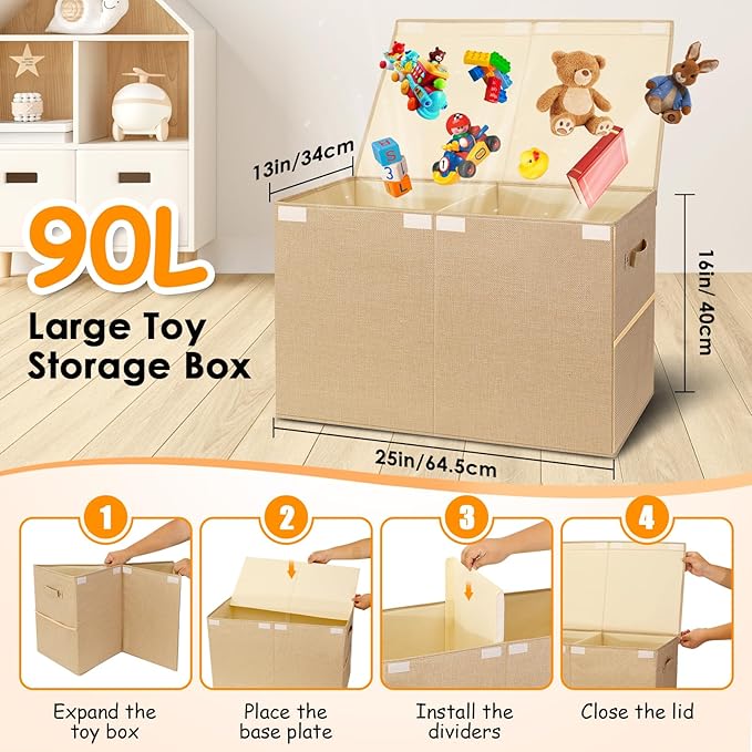 Fineonly Large Toy Storage Box with Lid Upgraded Toy Chest Organizer with Removable PP Divider Foldable Toy Bin for Kids Boys Girls Linen Fabric Toy Box for Playroom Nursery Bedroom (25"x13"x16")