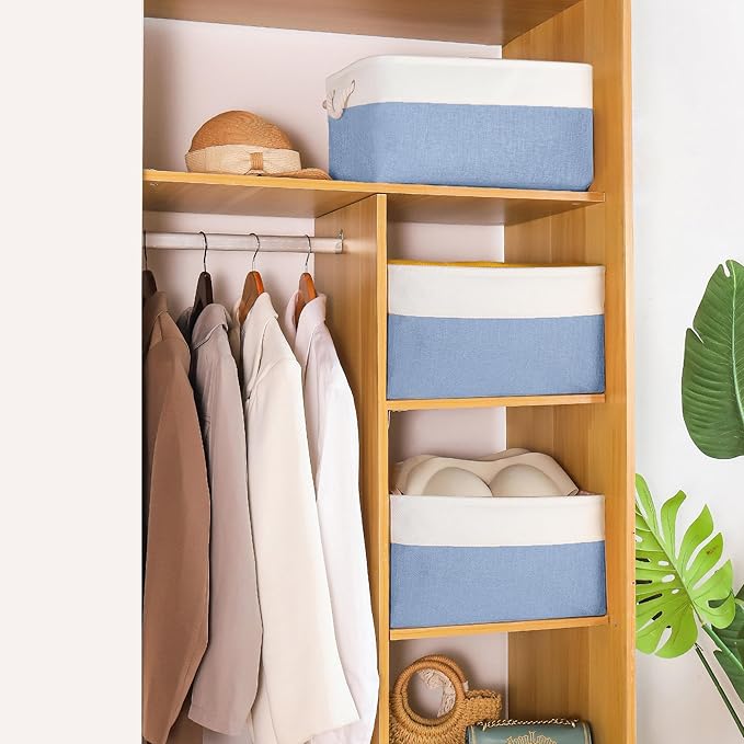 LordCom Storage Bins with Sturdy Cotton Handles(3 Pack), Fabric Storage Baskets for Organizing use for Office & Home, Book, Clothes, Toys, Closet Boxes (Large, Blue-White, 15.7x11.8x7.9 inches)