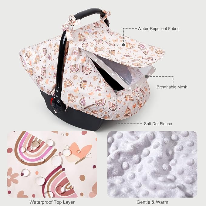 FIOBEE Baby Car Seat Cover, Car Seat Covers for Babies Infant Car Seat Canopy with Breathable Mesh Window Waterproof Carseat Cover for Babies Boy Girl 4 Seasons, Brown Rainbow