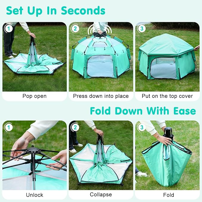 Zooawa Pop Up Playpen for Baby, Portable Play Yard for Babies and Toddlers with Removable Sun-Shades& 2 Side UV Covers, Lightweight Outdoor Baby Playpen with Travel Bag,Beach,Home, Mint Green