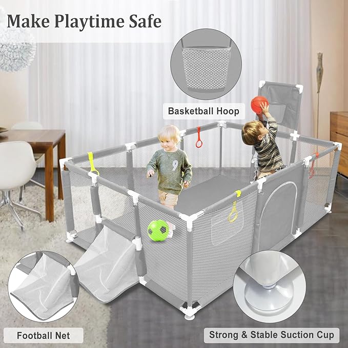 74"×50" Large Playpen for Babies and Toddlers, Kids Playyard with Basketball Hoop & Football Nets, Comes with a Storage Carry Bag, Pull Up Rings, Sturdy Safety Play Pen w/Soft Breathable Mesh (Grey)