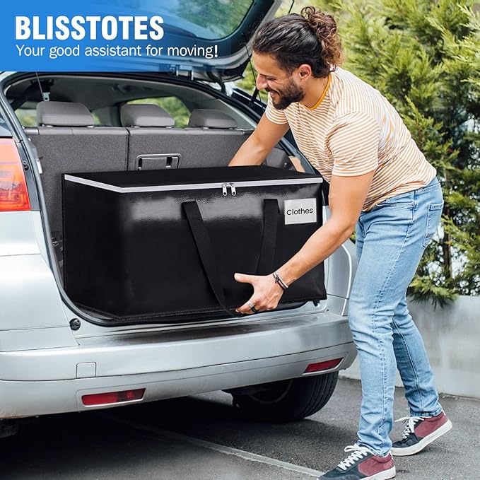BlissTotes Moving Bags, Heavy Duty Moving Boxes with Zippers Top and Sturdy Handles, Storage Bags for Space Saving and Packing, Collapsible Moving Supplies, Storage Totes (125L, 2-Pack, Black)