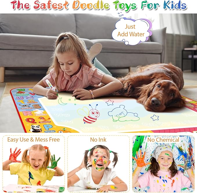 Water Doodle Mat 32 x 24 Inch Kids Water Painting Writing Drawing Mat Toy,Mess Free Coloring Extra Large Magic Educational Toys for Boys Girls Age 3 4 5 6 7 8 Year Old Christmas Birthday Present