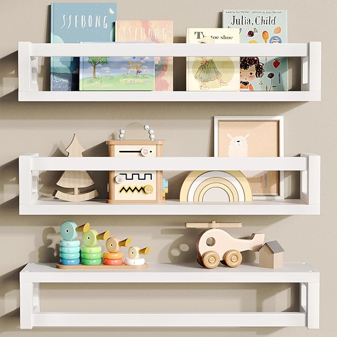 Upgraded Thick Floating Shelves, Solid Wood Bookshelf for Wall, Floating Book Shelves Use as Wall Shelves for Bedroom, Kids Room, Nursery, Books, Spice Rack & Decor - White