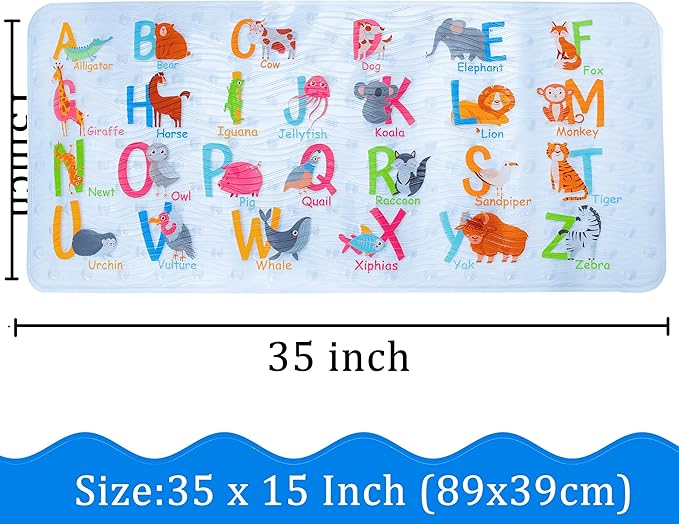BEEHOMEE Bath Mats for Tub Kids,Baby Toddler - Large Cartoon Non-Slip Bathroom Bathtub Anti-Slip Shower Mats for Floor 35x15,Machine Washable XL Size Bathroom Mats (Alphabet)