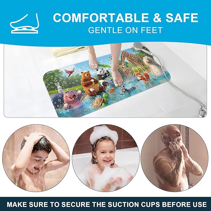 XIYUNTE Baby Bath Mat for Tub Non Slip Kids, BPA Free Extra Long Bathtub Mat 40x16 with Drain Holes and 200 Suction Cups, Non Toxic Machine Washable Toddler Bath Mat, Eco-Friendly Certified