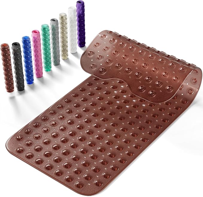 Krussier Non-Slip Bath Tub Mat, 39x16 Inch Extra Large Shower Mat with Drain Holes & Suction Cups, Machine Washable, Clear Brown