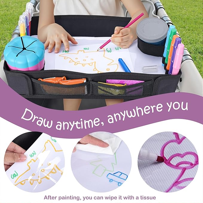 Babenest Stroller Snack Tray for Wonderfold Wagon W2, Foldable Thickened Snack Tray with Cup Holder, Storage Mesh Bag & Pen Slot, Easy to Clean Snack Board for Drawing