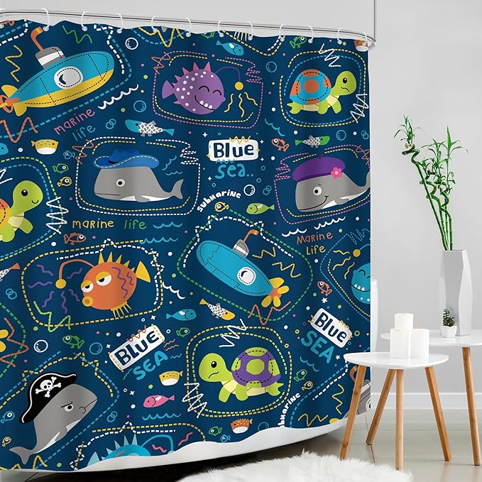 Funny Boys Ocean Shower Curtain 60Wx72H Navy Summer Kids Toddler Nursery Cartoon Sea Animal Cute Fish Fun Underwater Marine Coastal Bathroom Decor Bath Curtain Fabric Polyester 12 Pack Hooks