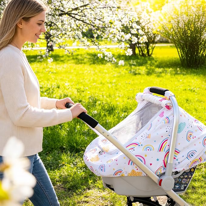 Carseat Covers Baby Girl, Baby Car Seat Cover with Mesh Peep Window & Privasy Sun Shade, Protective Baby Carrier Cover for All Season, Mink Dot Infant Car Seat Canopy for Newborn Shower Gift