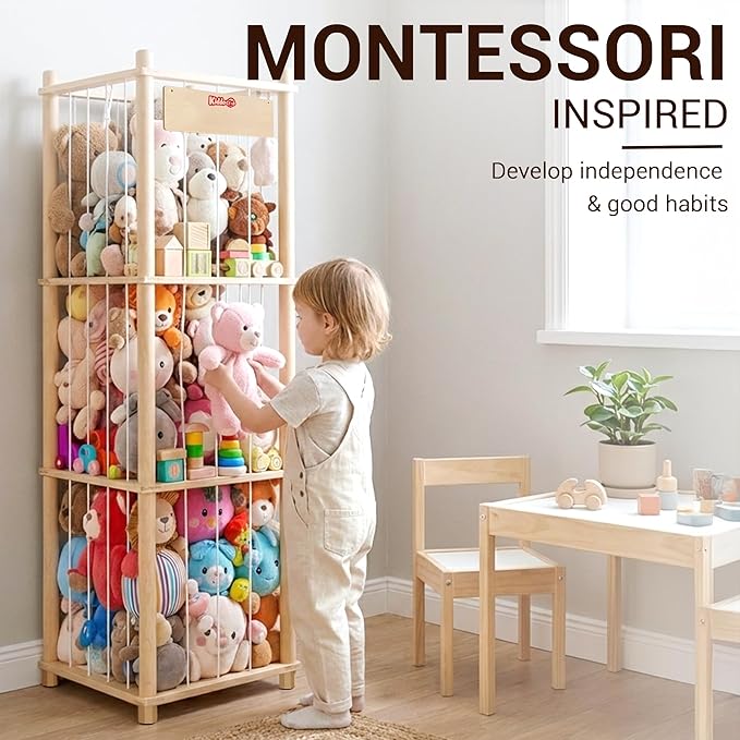 KiddoCood Kids CPC & TIC Certified Stuffed Animal Storage - 3-Tier Large Natural Solid Wood Plush Toy Organizer & Holder, Corner Solution for Playroom & Nursery, BPA-Free & Zero Glue